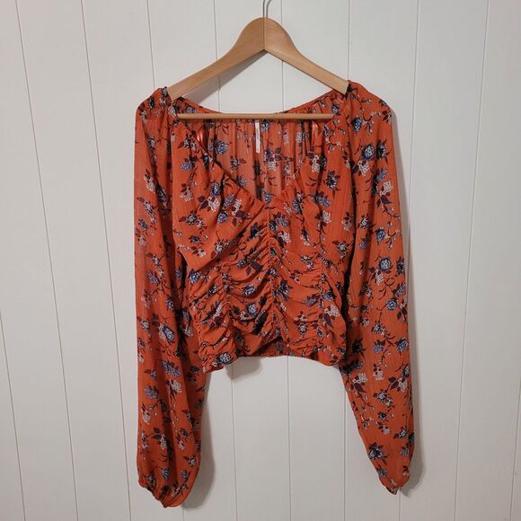 Free People Top Womens Size Small Orange Floral Cropped Balloon Sleeves - Picture 3 of 11